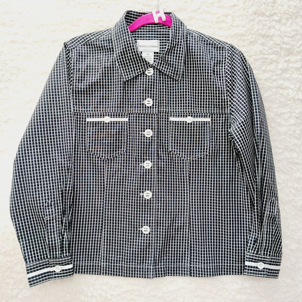 Blouse Jacket Button Up Black White Gingham Cottagecore Classic Office Size PM